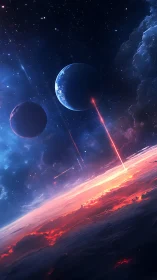 Binary planets hover above burning horizon in deep space.