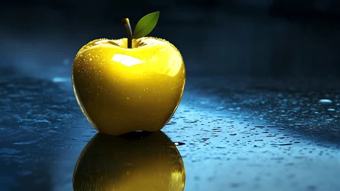 Golden apple gleams on wet reflective surface at night.