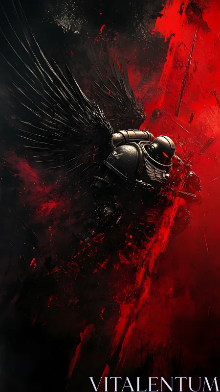 Winged power‑armored warrior in red-black kinetic rupture.
