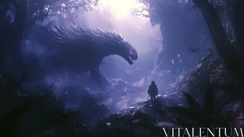 Giant shadow dragon confronts lone warrior in misty forest.