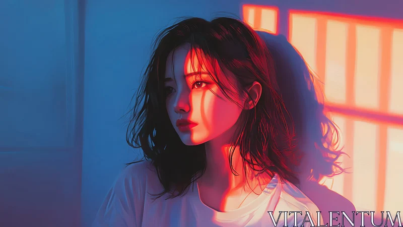 Neon window shadows paint quiet thoughts across her gaze