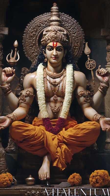 Sculpted multi-armed deity figure is seated in ornate shrine