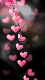Cascading Pink Hearts Connected by Black Vines Against Bokeh Background