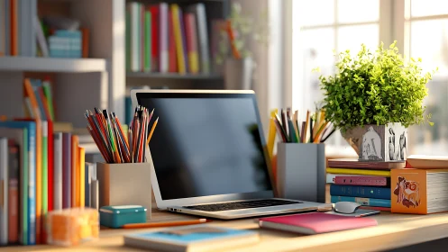 Creative home office desk with laptop and colorful supplies.