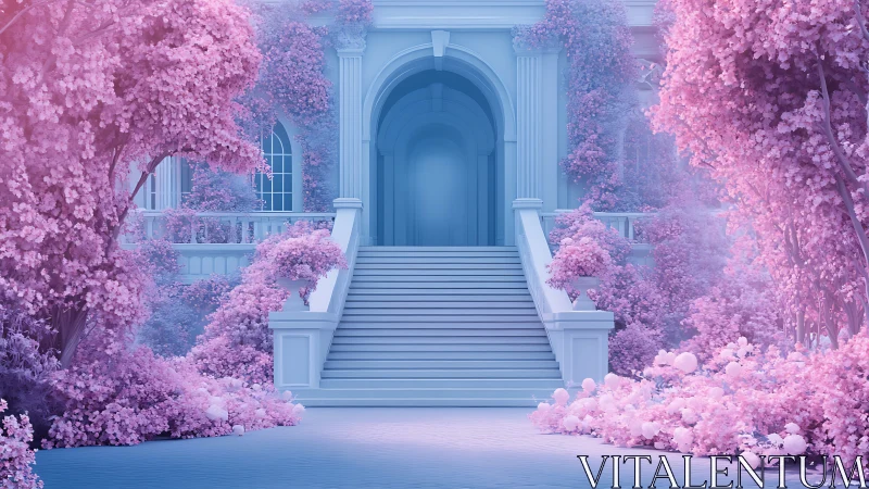 Enchanted pastel mansion steps glow in dreamy floral haze.