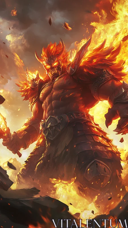 Armored fire titan strides through volcanic battlefield with dynamic lighting