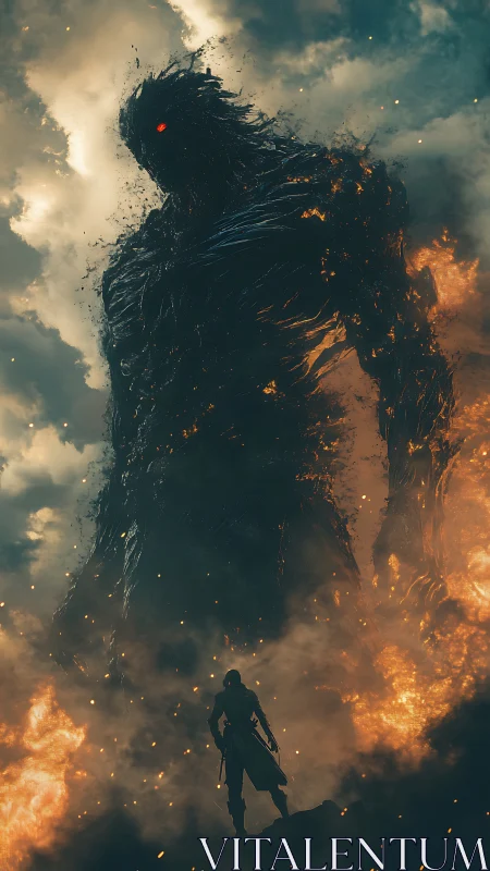 Epic digital painting of lone warrior confronting fire titan.