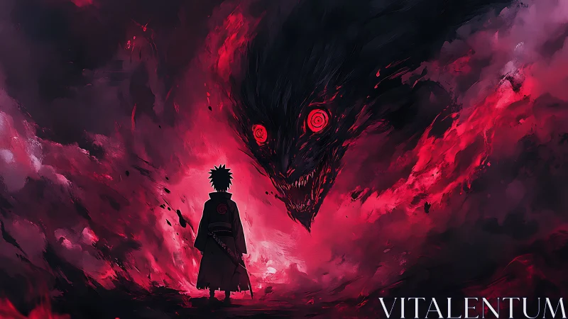 Silhouetted figure observes red-illuminated monstrous entity