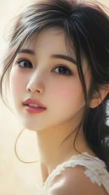 Soft daylight muse with luminous eyes and porcelain grace.