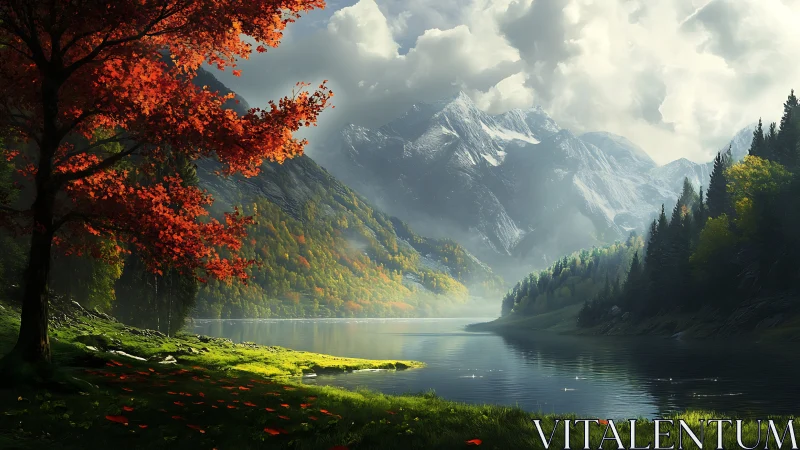 Golden mountain lake glows beneath dramatic autumn skies