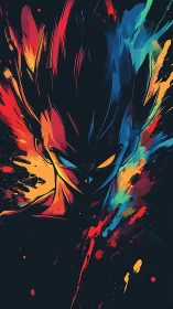 Silhouetted spiky-haired figure in multicolor abstract field.