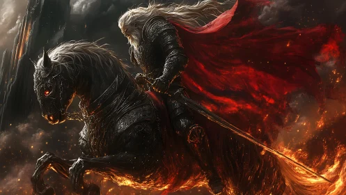 Dark armored rider on flaming warhorse in stormy inferno.