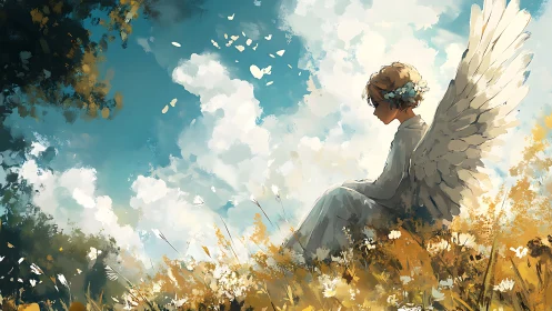 Winged figure seated in sunlit field under clouded sky.