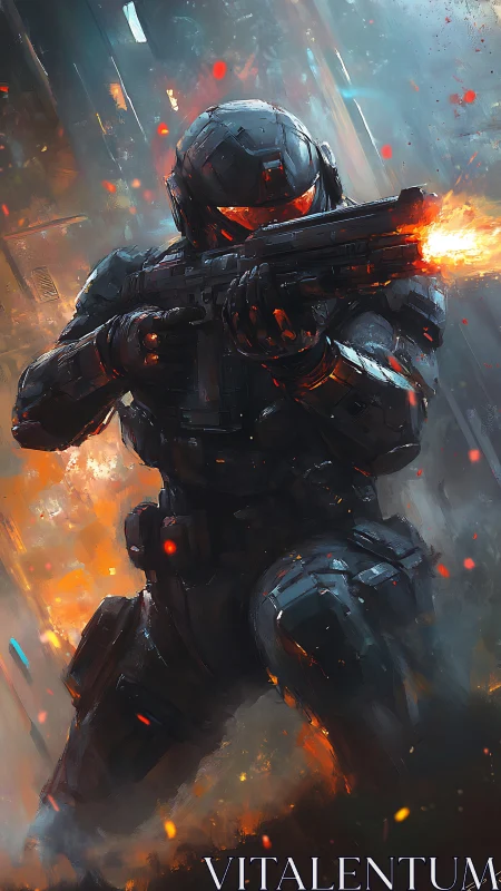 Kinetically lit exosuit trooper discharging plasma rifle in combat.