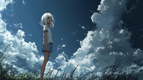 Summer sky drifts above a thoughtful girl in tall grass