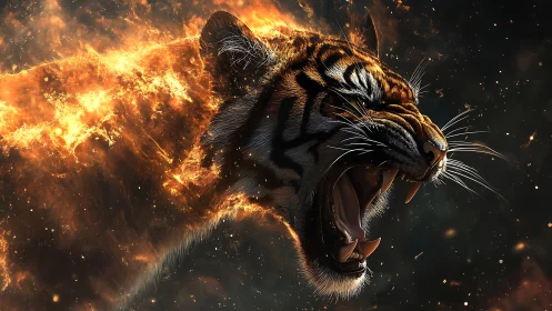 Hyperreal flaming tiger head render with dynamic ember trails