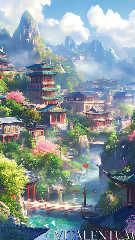 Vertical river valley city shows layered pagoda architecture