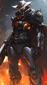 Armored cyber gunslinger strides through blazing embers.