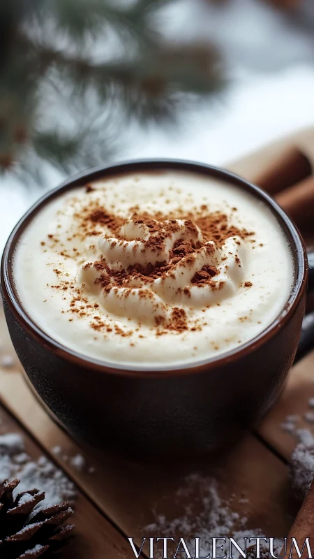 Cinematic close-up of spiced winter latte with whipped cream