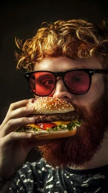 Cool bearded foodie savoring a juicy sesame burger delight.