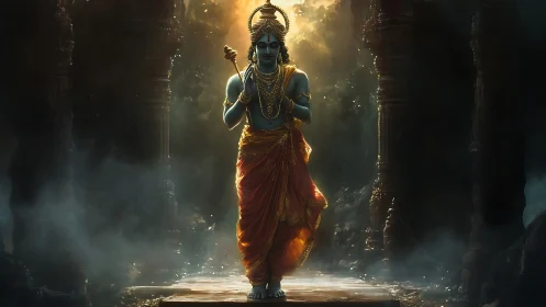Divine blue figure strides through luminous temple shadows.