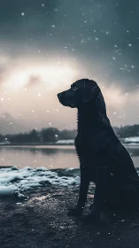 Black dog by winter lake under snowfall at dusk light.