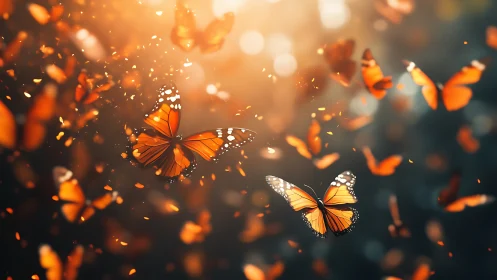 Monarch butterflies swirl through golden backlit dusk air.