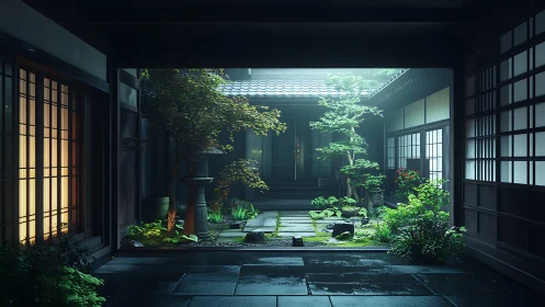 Serene indoor Japanese courtyard with soft morning light.