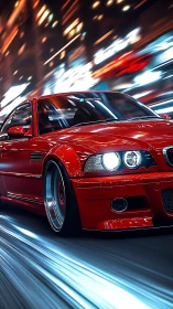 Red sports coupe slices through neon city streets at speed.