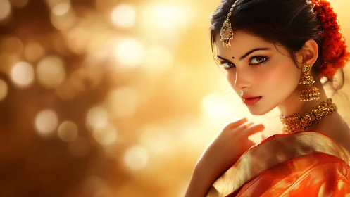 Specular-lit digital portrait of woman in saffron silk saree.