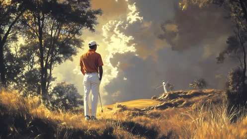 Golden hour golfers sharing a quiet moment on the hilltop course.