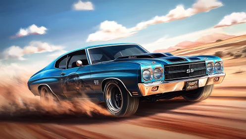Blue muscle car powers through dusty desert landscape.