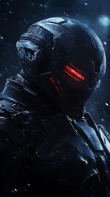 Armored cyborg with red visor stands in falling snow at night