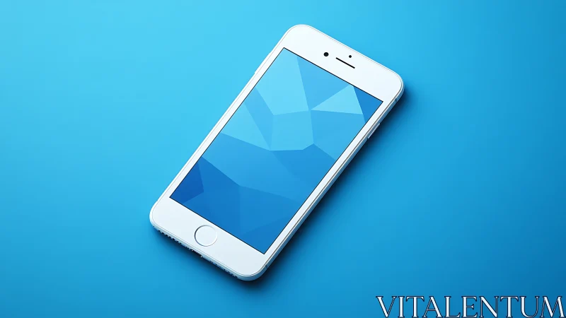 White smartphone displays geometric blue abstract wallpaper design