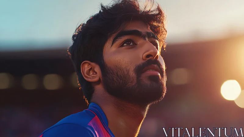 Backlit stadium portrait with shallow depth-of-field rendering.