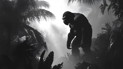 Mighty gorilla pauses in a misty jungle flooded with light