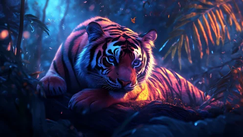 Luminous tiger rests in neon jungle glow at mystical twilight