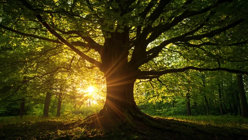Majestic old tree in lush forest with radiant sunlight at sunset.