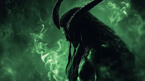 Shadowed horned warrior pauses in swirling emerald mist