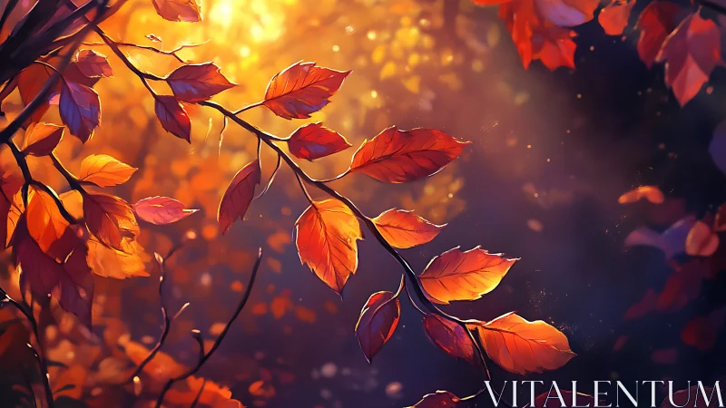 Sunlit autumn branch with red and orange forest leaves.
