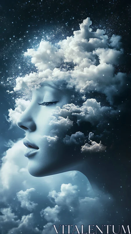 Dreaming celestial woman dissolves into luminous night clouds
