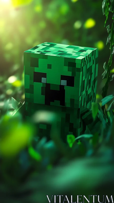 Minecraft creeper stands hidden in lush sunlit forest