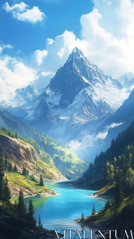 Tranquil mountain lake cradled by sunlit alpine peaks.