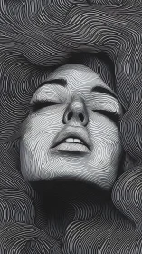 Vector-line portrait immersed in fluid monochrome topography.