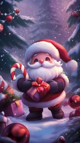 Cute cartoon Santa holds gift box in snowy forest clearing