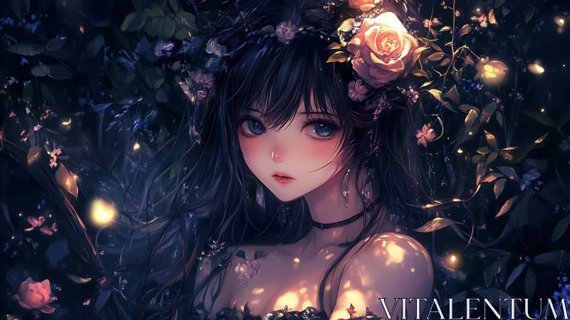 Nocturnal floral portrait of ethereal girl in ember glow.