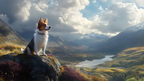 Collie on rocky ridge overlooking luminous valley landscape.