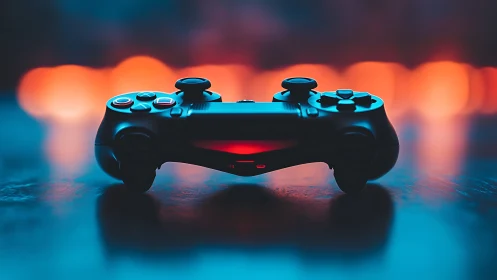 Gaming controller with neon blue and red ambient lighting