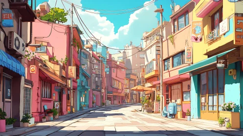 Colorful low-rise urban street with pastel facades at noon.
