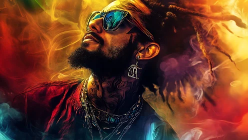 Portrait of man with sunglasses amid multicolored smoke field.